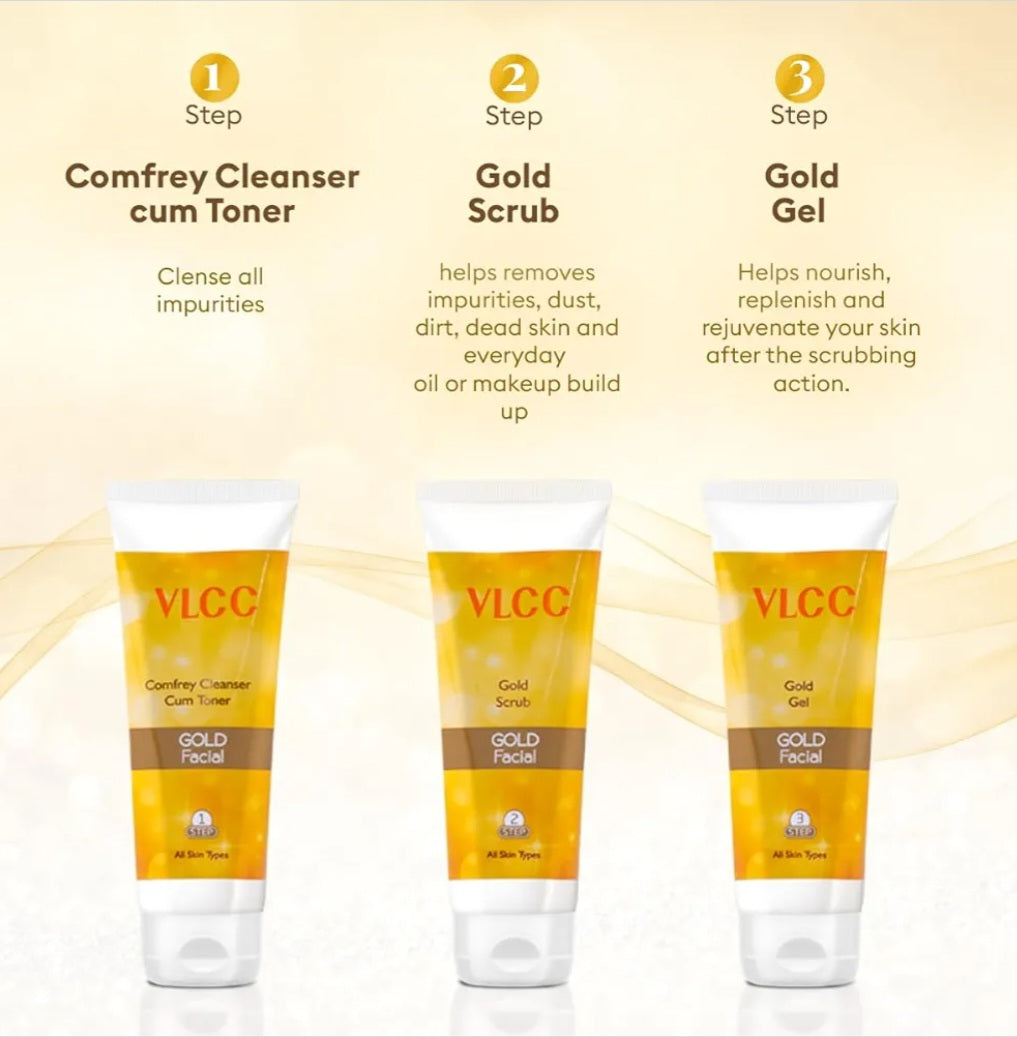 Facial Kit- VLCC Professional's 6-Steps GOLD Facial Kit with Hyaluronic Acid & Aloe Vera for Long-Lasting Golden Glow (300gm) with FREE Rose Water Toner (100ml) worth Rs. 209/-