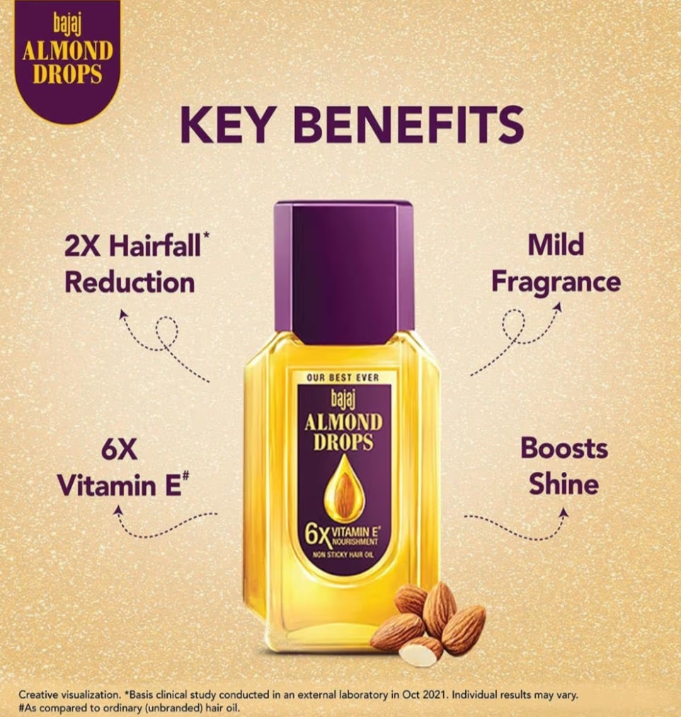 Hair Oil- Bajaj Almond Drops 6x Vitamin-E Nourishment Non-Sticky Hair Oil which Reduces Hair Fall and Increases Hair Shine - 35ml