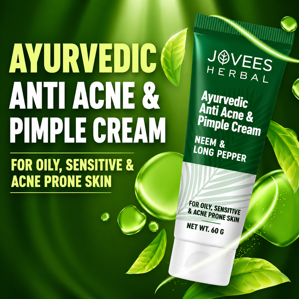 Face Treatment Cream- JOVEES Herbal's Ayurvedic Anti-Acne & Pimple Cream enriched with Neem & Long Pepper which Removes the Impurities and is suitable for Oily, Sensitive & Acne Prone Skin - 60gm