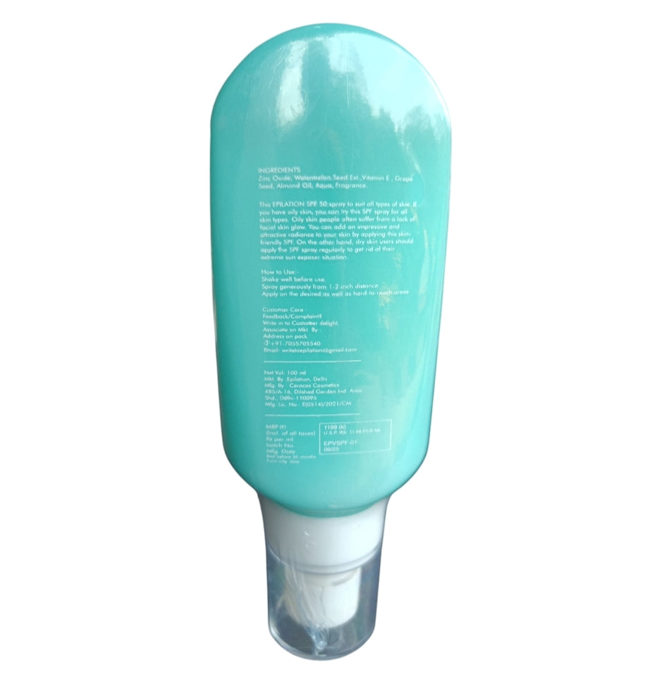 Sunscreen- Epilation SPF 50 PH Balanced Formula Broad Spectrum Sunscreen Spray Enriched with Watermelon Seed Extract, Vitamin-E, Grape Seed and Almond Oil 100ml