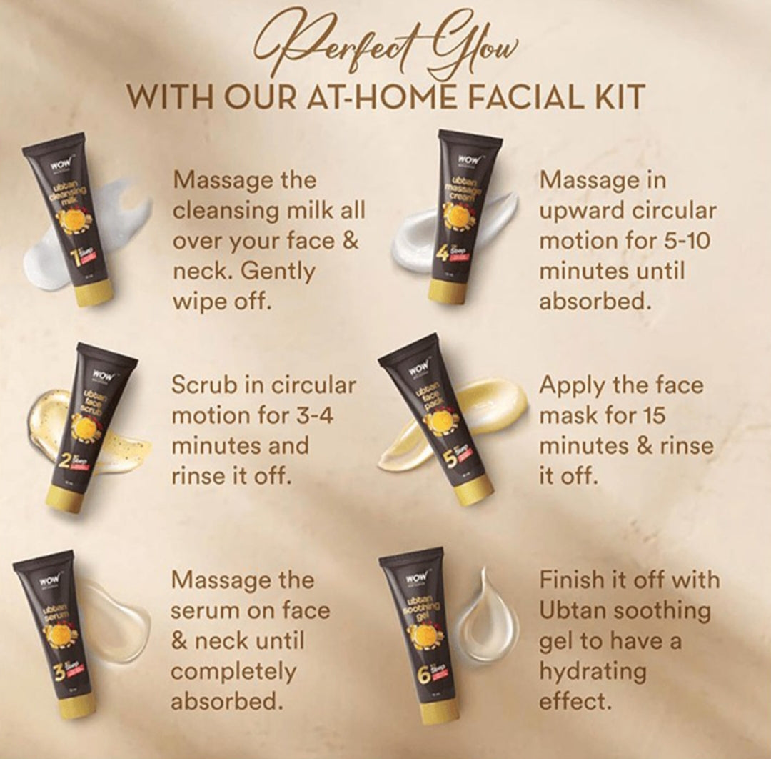 Facial Kit- WOW Ubtan Radiance Facial Kit infused with Turmeric, Saffron, Sandalwood Oil and Chickpea Flour for De-Tanned, Smooth and Radiant Skin - 60ml (6 units x 10ml)