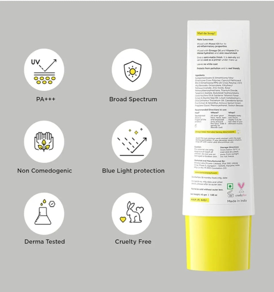 Sunscreen- Sun Scoop (A Product of Bare Antomy) Matte SPF 60 PA+++ Sunscreen Gel For Women & Men With UV Filter Zinc Oxide. Non-Comedogenic, Broad Spectrum, Water & Sweat Resistant, No White Cast, Photostable For Oily & Dry Skin 45gm