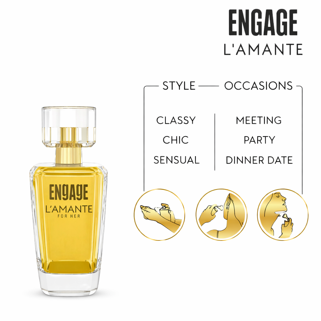 Perfumes & Deodorants- ENGAGE L'AMANTE EDT Long-Lasting, Refreshing, Fruity & Floral Fragrance Perfume for Women with Top Notes of Citrus Fruits, Heart Notes include Jasmine and Rose, while Base Notes Feature Caramel, Amber, and Sandalwood - 75ml