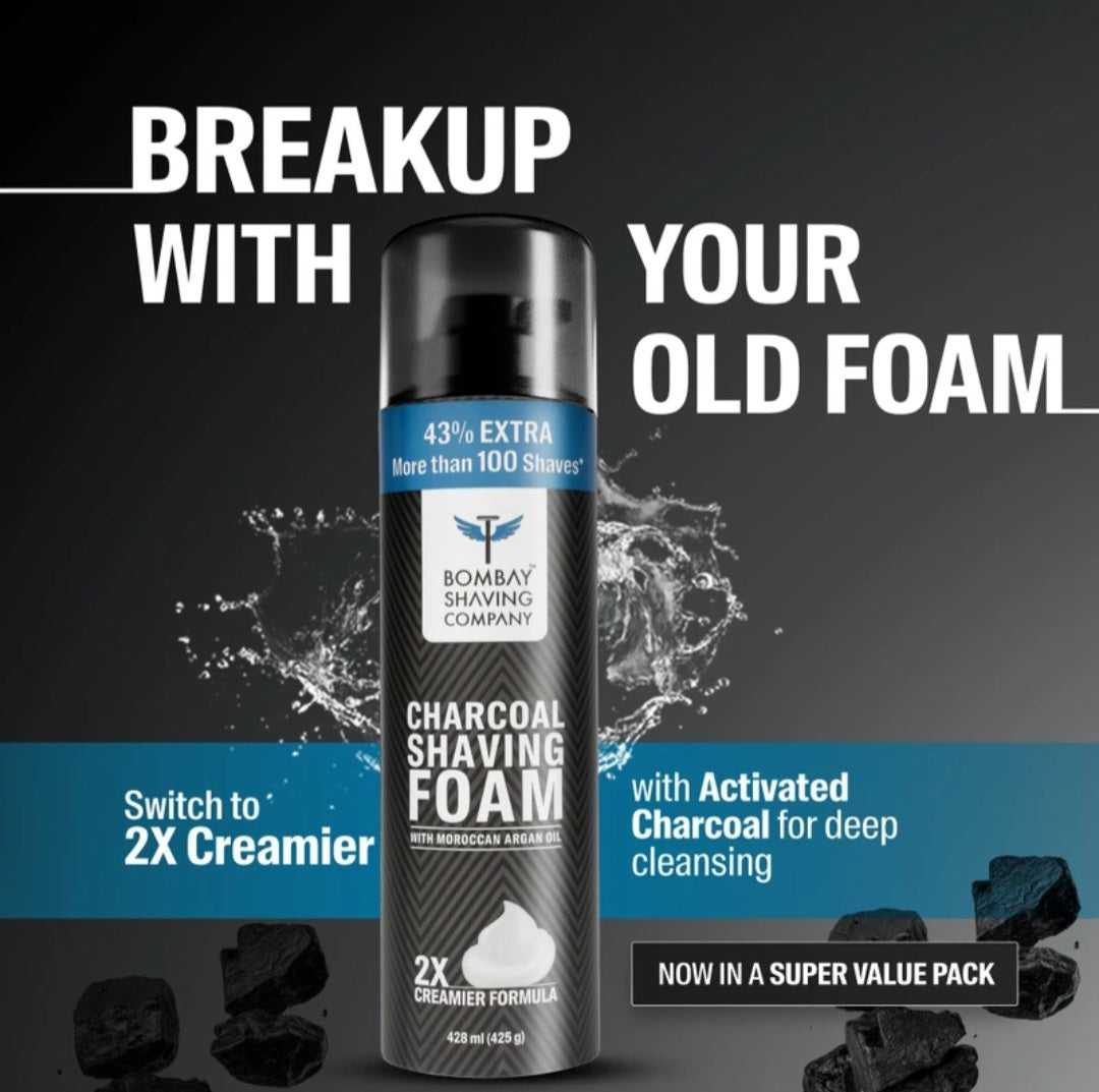Shaving Foam- Bombay Shaving Company's Charcoal Shaving Foam enriched with Moroccan Argan Oil (2X Creamier Formula) - 425gm (including 43% Extra Free)