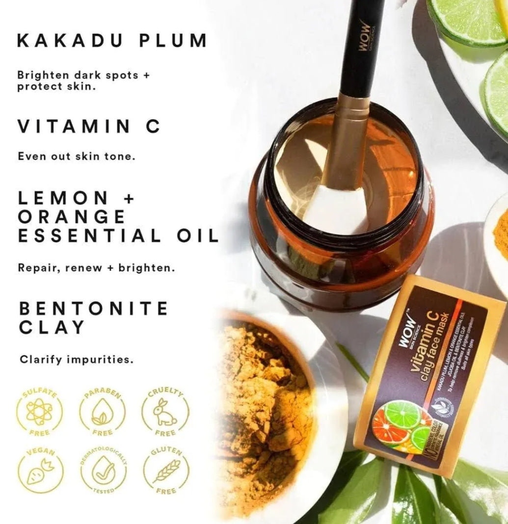 Face Pack & Sleeping Mask- WOW Vitamin-C Clay Face Mask with Kakadu Plum, Lemon & Orange Essential Oils, Jojoba Oil and Bentonite Clay which Removes Dullness & Brightens Complexion 200ml