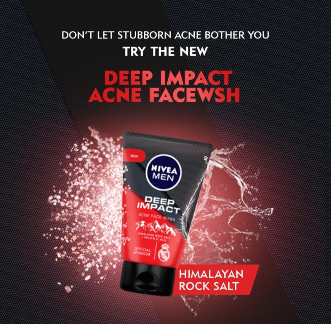 Face Wash- NIVEA MEN'S Deep Impact Acne Face Wash with Himalayan Rock Salt & Salicylic Acid - 100gm