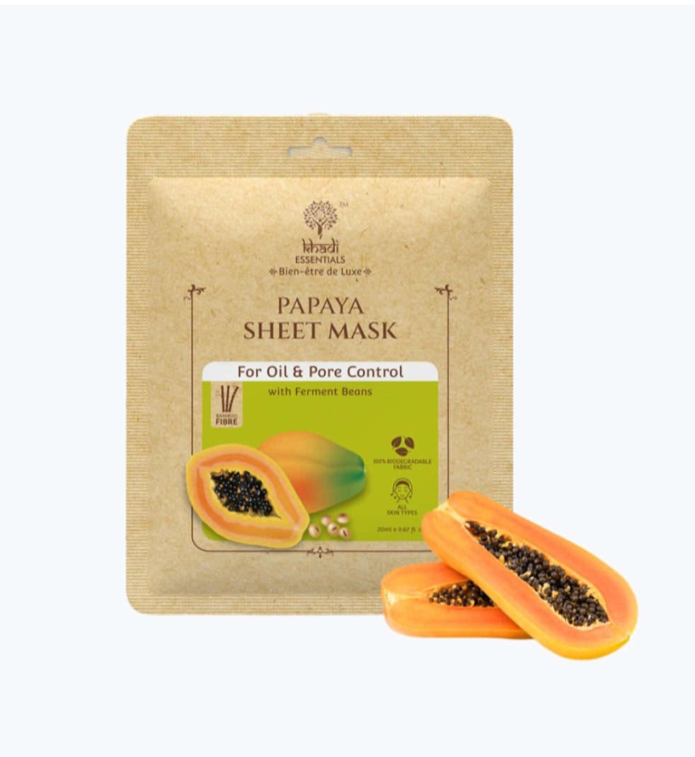 Face Sheet Mask- Khadi Essentials Papaya Sheet Mask with Ferment Beans for Oil & Pore Control 25ml