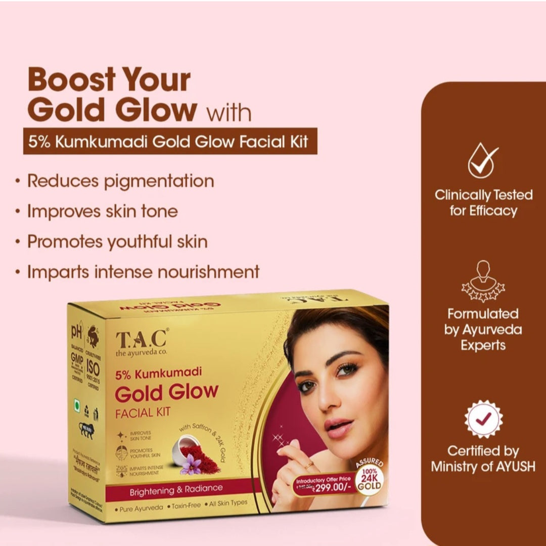 Facial Kit- T.A.C. Ayurveda's 5% Kumkumadi Gold Glow Facial Kit with Saffron & 24K Gold for Instant Brightening and Radiance- 43gm