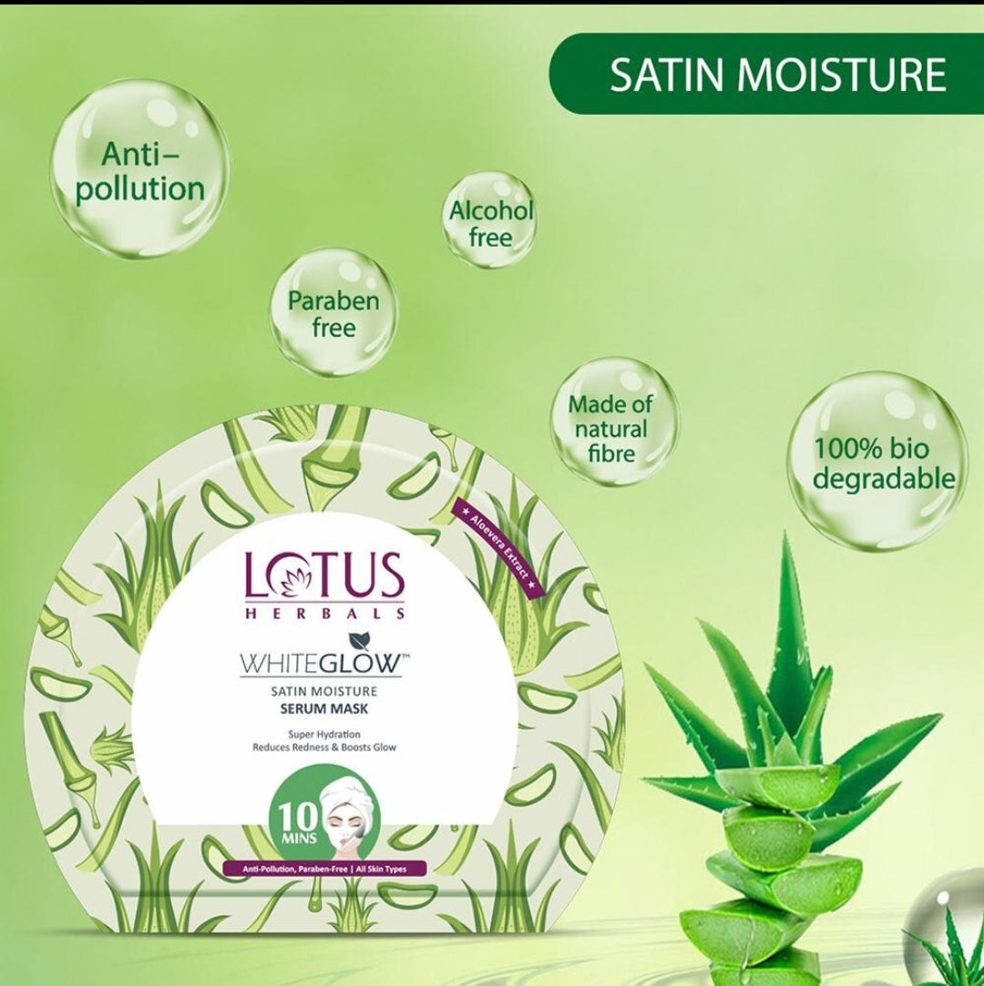 Face Sheet Mask- Lotus Herbals WhiteGlow Satin Moisture Serum Face Sheet Mask enriched with Aloevera Extract which Reduces Redness & Boost Glow with Super Hydration in 10 Minutes - 20gm
