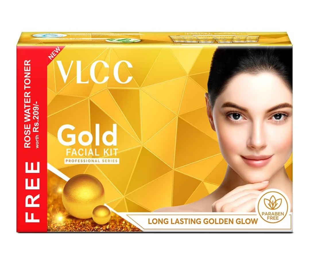 Facial Kit- VLCC Professional's 6-Steps GOLD Facial Kit with Hyaluronic Acid & Aloe Vera for Long-Lasting Golden Glow (300gm) with FREE Rose Water Toner (100ml) worth Rs. 209/-