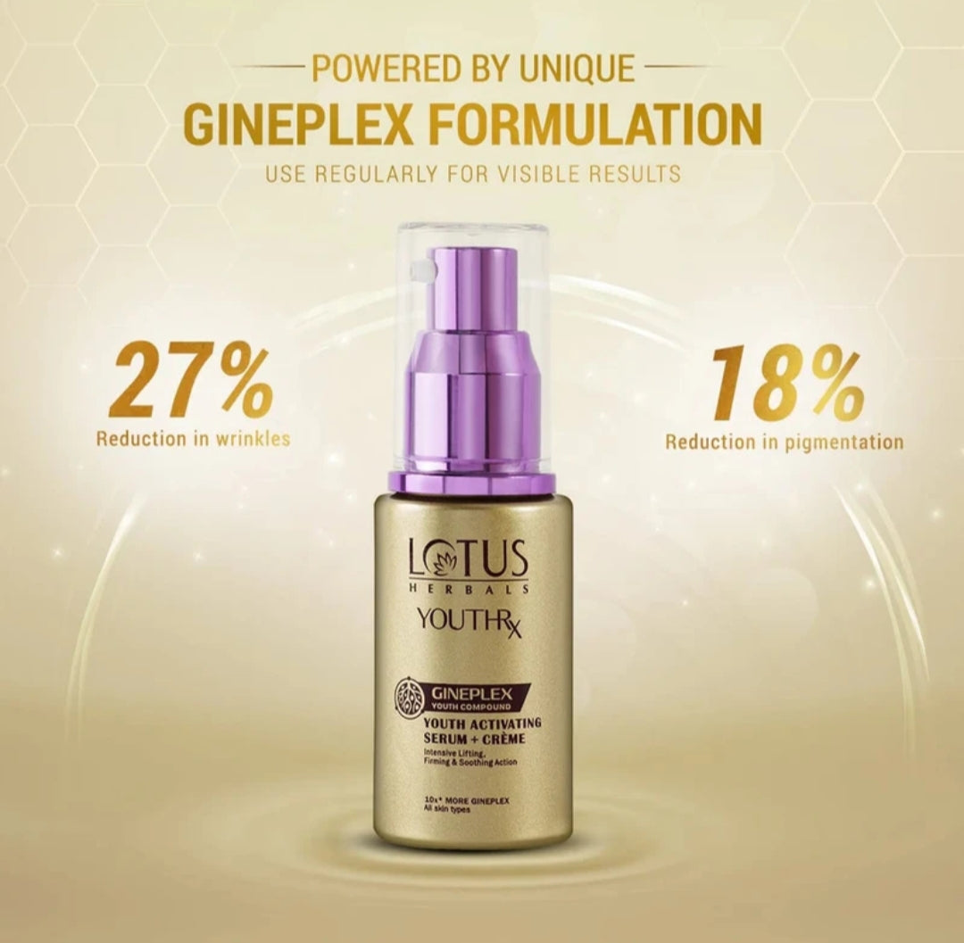 Brightening & Glowing Cream- LOTUS Herbal's YouthRx GINEPLEX Youth Activating Serum+Creme with 10X more Ginplex for Better & Faster Results and Suitable for All Skin Types - 30ml