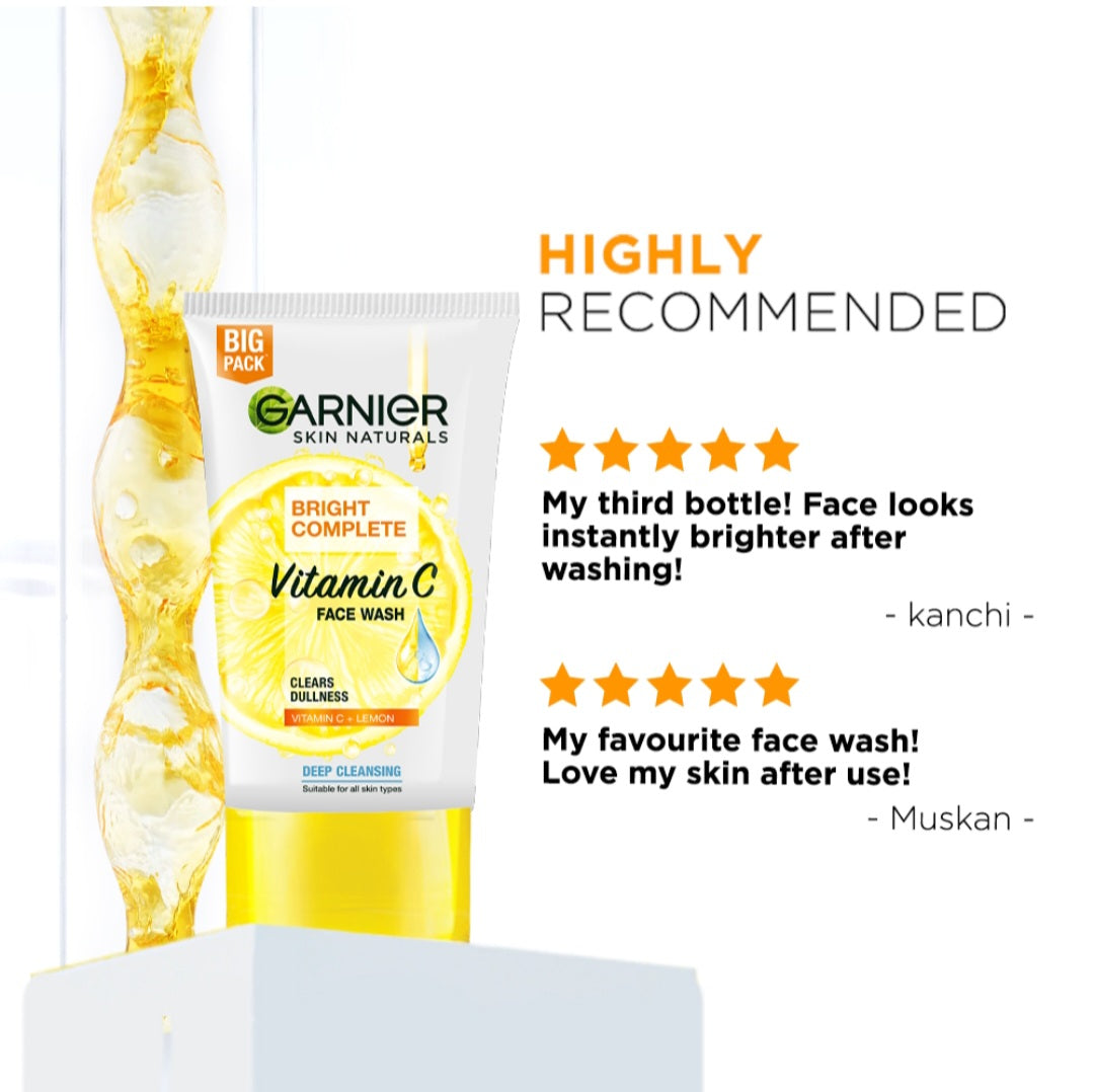 Face Wash- GARNIER Bright Complete Vitamin-C Face Wash which Clears Dullness and Enhances Glow 150gm