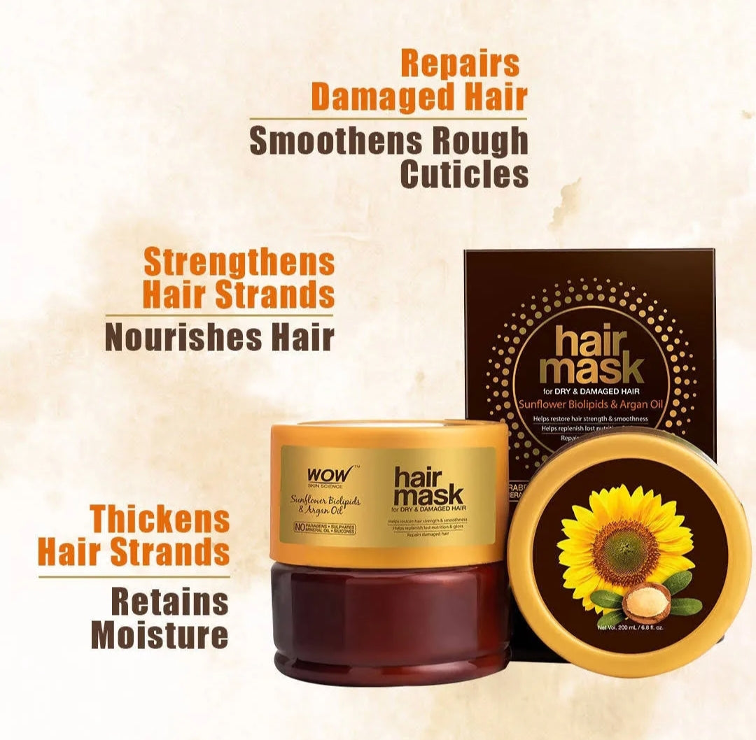Hair Mask- WOW Sunflower Biolipids & Argan Oil Hair Mask for Dry and Damaged Hair - 200ml
