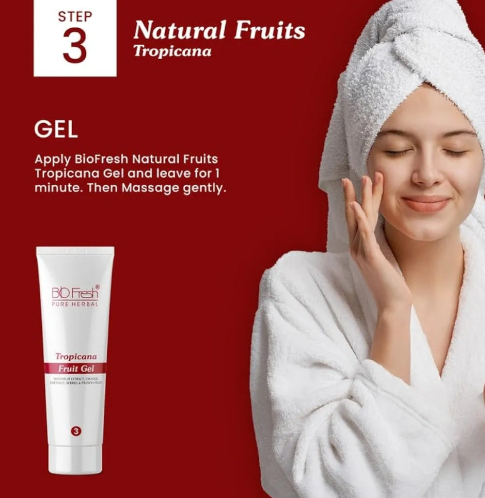 Facial Kit- BIO-FRESH Pure Herbal's 5-Steps (Scrub+Cream+Gel+Pack+Glow Serum) Natural Tropicana Fruits Facial Kit with Natural Fruits Glow Serum which is Excellent for Refreshed Youthful Look & Glow - 90ml