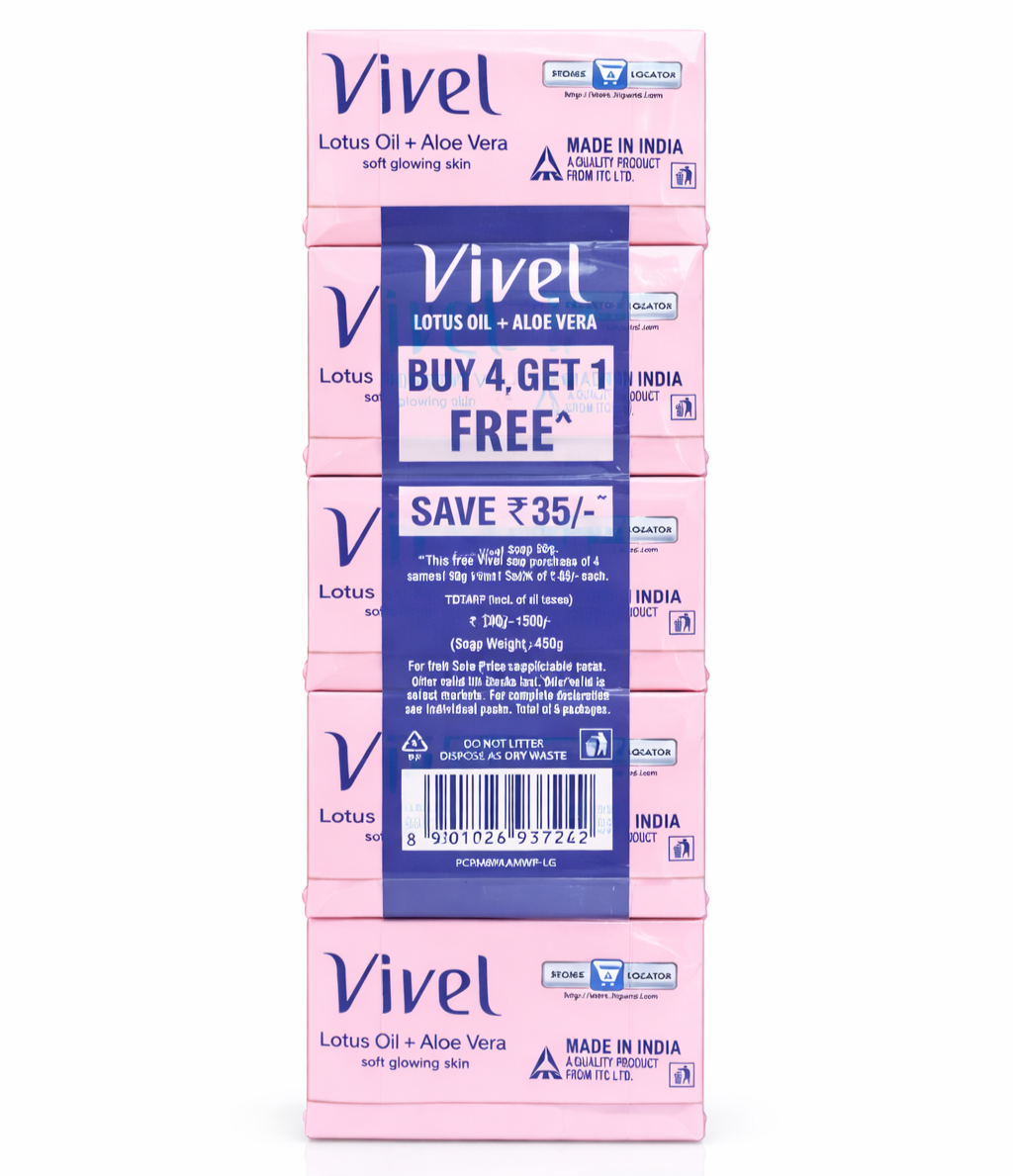 Bathing Soap- Vivel Lotus Oil and Aloe Vera Soap with the Goodness of Vitamin-E (Set of 5 Soaps) for Soft & Glowing Skin - 450gm (90gm x 5)