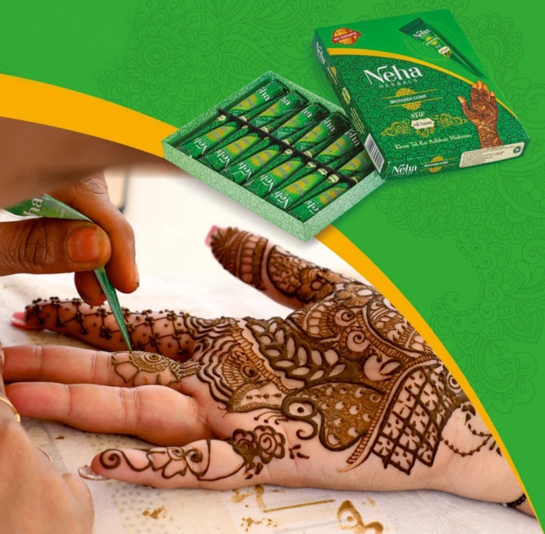 Mehandi- Neha Herbals New Oil Based Fast Staining Mehandi Cone Box of 12 Pieces