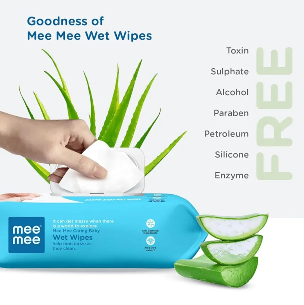 Wipes- mee mee Caring Baby Wet Wipes with Aloe Vera (for Goodness), Castor Oil (for Soothing) and Glycerine (to Lock Moisture) Pack of 72 Pieces