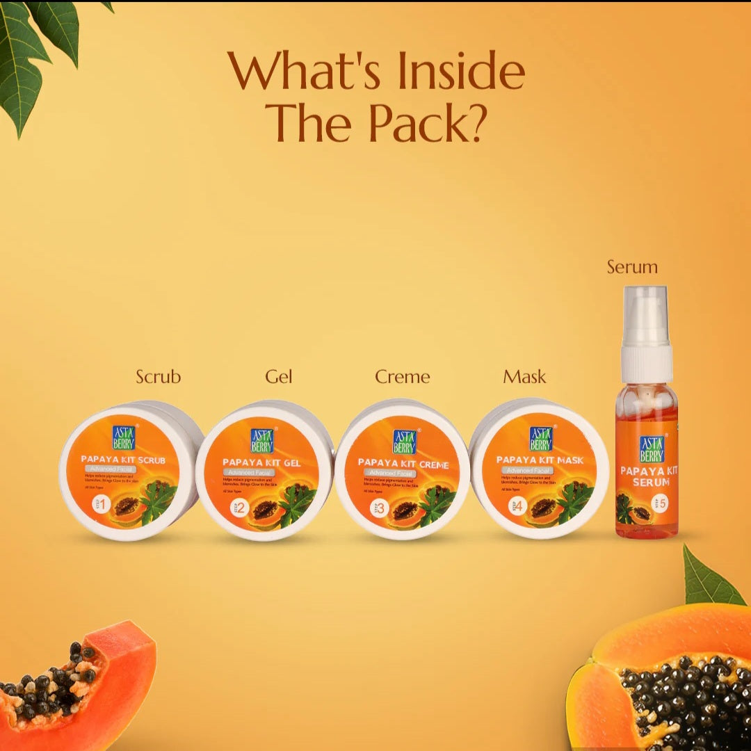 Facial Kit- Asta Berry 5 Steps (1. Cleanser, 2. Scrub, 3. Gel, 4. Creme and 5. Mask) PAPAYA Advanced Facial Kit which Helps in Reducing Pigmentation and Blemishes the Skin 100ml