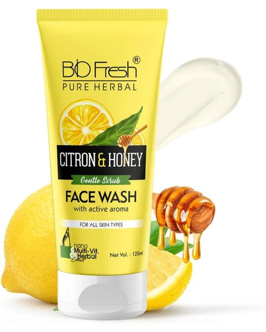 Face Wash- BIO-FRESH Pure Herbal's Gentle Scrub CITRON & HONEY Face Wash with Active Aroma and Nano Multi-Vit Herbal Extract for All Skin Types 120ml