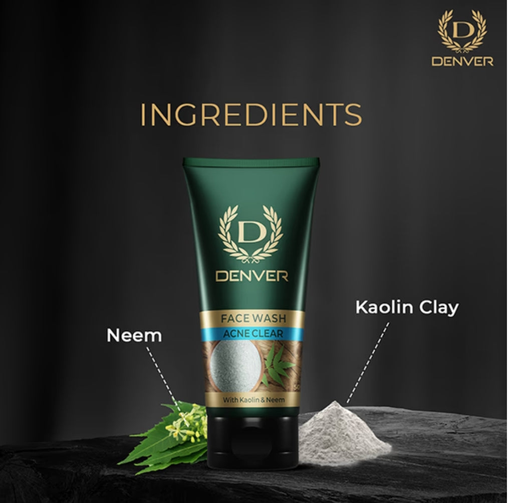Face Wash- DENVER Acne Clear Face Wash with Kaolin Clay and Neem 50gm