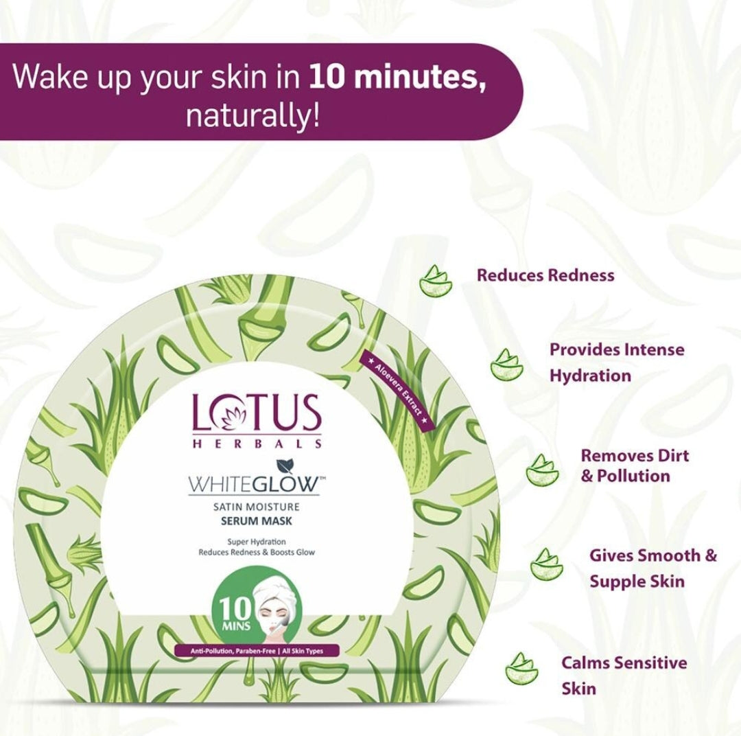 Face Sheet Mask- Lotus Herbals WhiteGlow Satin Moisture Serum Face Sheet Mask enriched with Aloevera Extract which Reduces Redness & Boost Glow with Super Hydration in 10 Minutes - 20gm