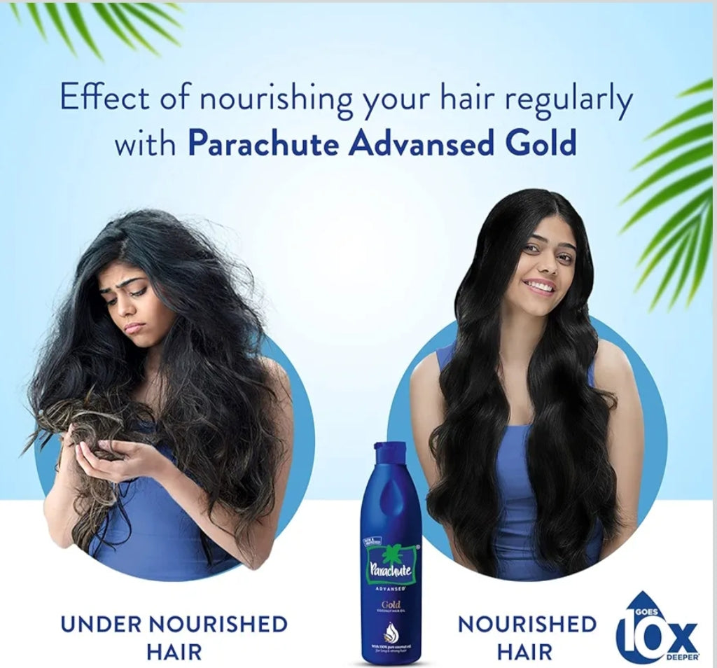 Hair Oil- Parachute Advansed Gold Coconut Hair Oil made with 100% Pure Coconut Oil and is enriched with Vitamin-E which Nourish Hair, Makes it Long, Strong & Healthy - 500ml
