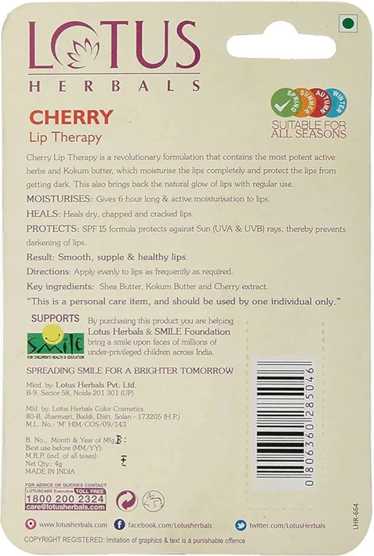 Lip Balm- LOTUS HERBAL'S Cherry Lip Therapy Tinted Lip Balm with SPF-15 4gm