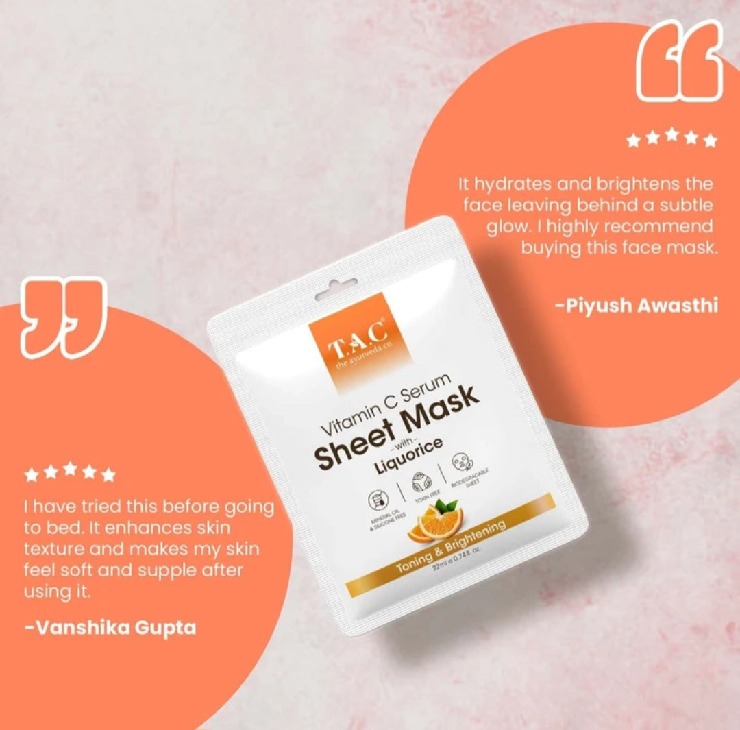 Face Sheet Mask- TAC Ayurveda's Vitamin-C Serum Sheet Mask with Liquorice for Toning & Brightening 22ml