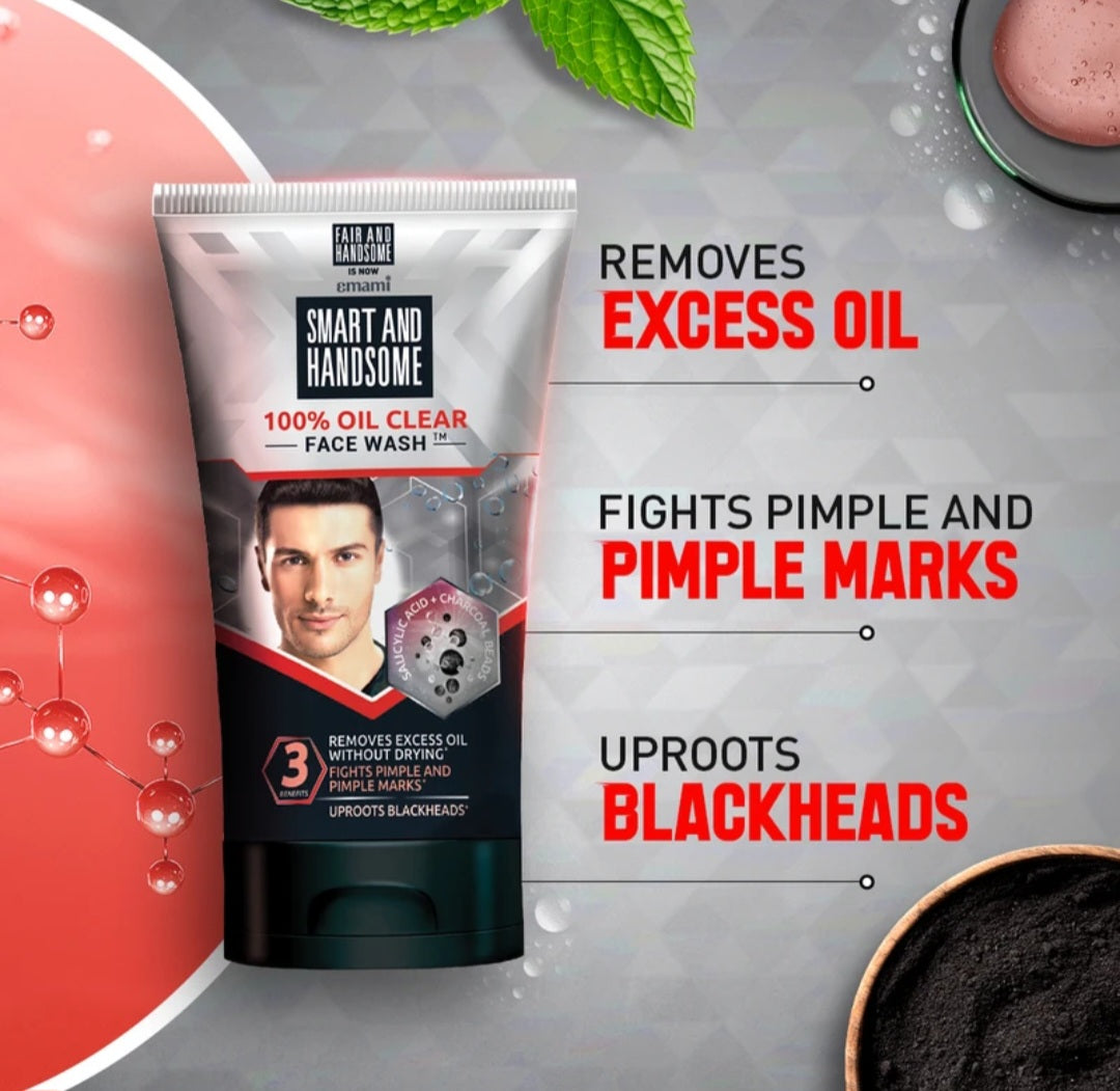 Face Wash- Smart And Handsome (by Emami) 100% Oil Clear Face Wash with 3-in-1 Benefits (1. Removes Excess Oil without Drying the Skin, 2. Fights Pimple & Pimple Marks and 3. Uproots Blackheads) - 150gm