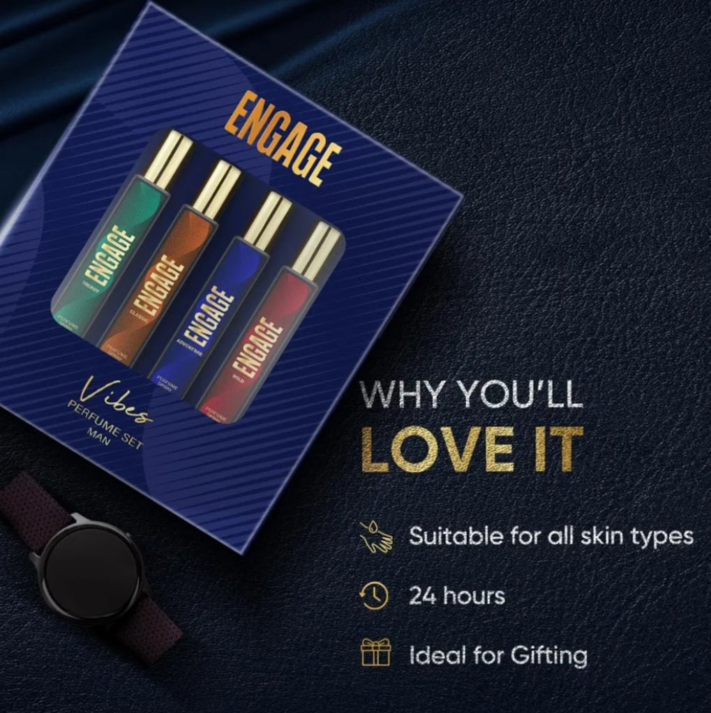 Perfumes & Deodorants- ENGAGE Vibes Perfumes Gift Set for Men with 4 Long-Lasting Fragrances (1. Trendy- Woody & Aromatic, 2. Classic- Citrus & Aromatic, 3. Adventure- Woody & Musk and 4. Wild- Woody & Amber) - 80ml (4x20ml)
