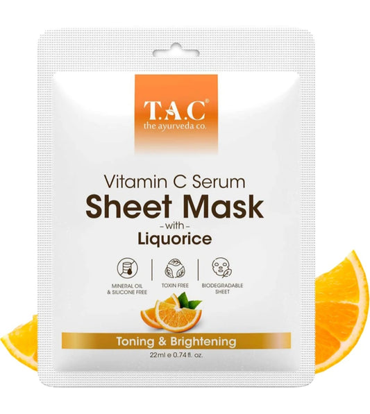 Face Sheet Mask- TAC Ayurveda's Vitamin-C Serum Sheet Mask with Liquorice for Toning & Brightening 22ml