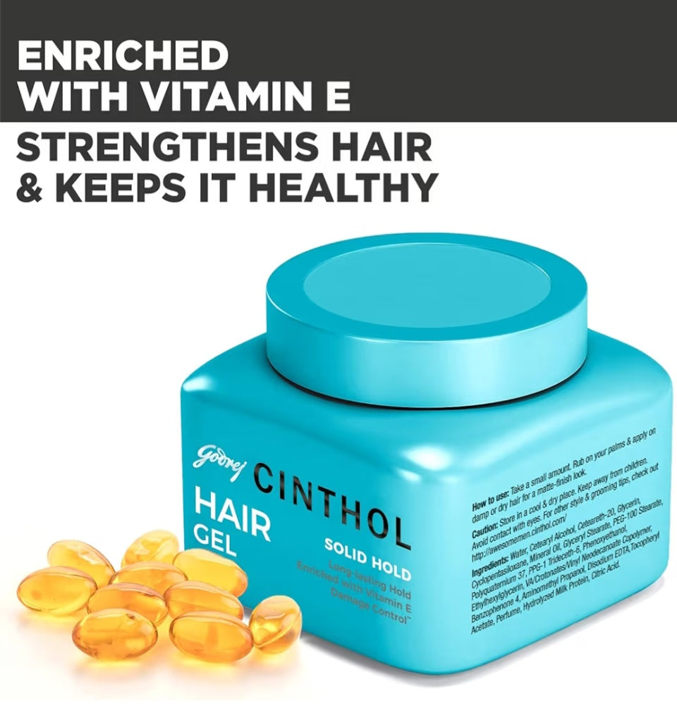 Men's Shaving, Styling and Grooming- Godrej Cinthol Solid Hold Hair Gel enriched with Vitamin-E for Long-Lasting Style Hold and Damage Control - 100gm
