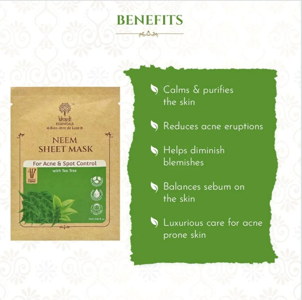 Face Sheet Mask- Khadi Essentials Neem Sheet Mask with Tea Tree for Acne & Spot Control 25ml