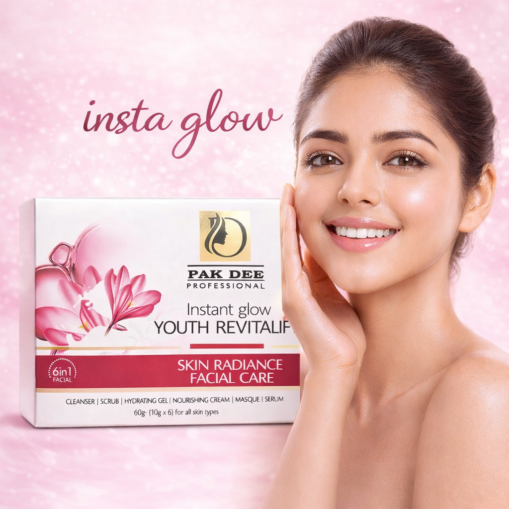Facial Kit- PAK DEE Professional's Insta Glow Youth Revitaleft 6in1 (Cleanser+Scrub+Hydrating Gel+Nourishing Cream+Masque+Serum) Skin Radiance Facial Kit 60gm (10gm*6)