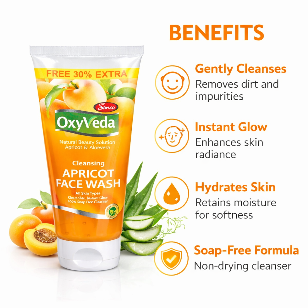 Face Wash- Simco OxyVeda's Cleansing Apricot Face Wash enriched with Apricot & Aloevera, suitable for All Skin Types - 65ml (50ml +15ml Free)