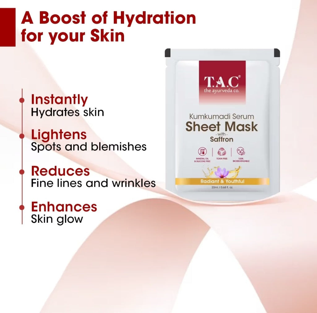 Face Sheet Mask- TAC Ayurveda's Kumkumadi Serum Sheet Mask with Saffron for Radiant & Youthful Skin 22ml