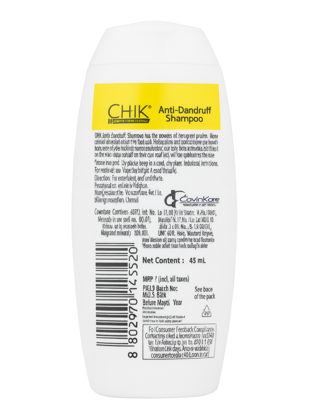 Hair Shampoo- CHIK Anti-Dandruff Shampoo enriched with Neem, Lemon and Fenugreek Protein which Fights from Dandruff and Strengthen the Hairs - 45ml