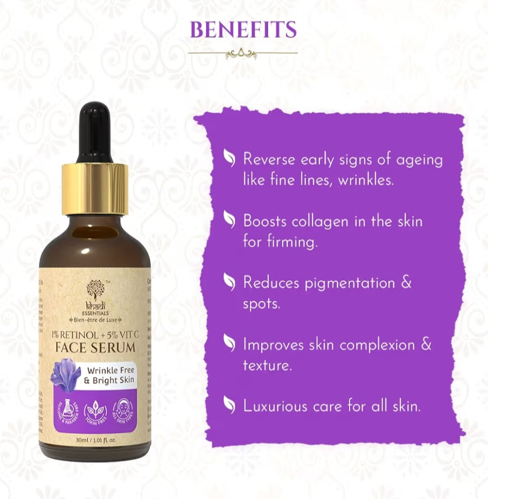 Face Serum- Khadi Essential's 1% Retinol + 5% Vitamin-C Face Serum enriched with Bakuchi for Wrinkle Free & Bright Skin - 30ml
