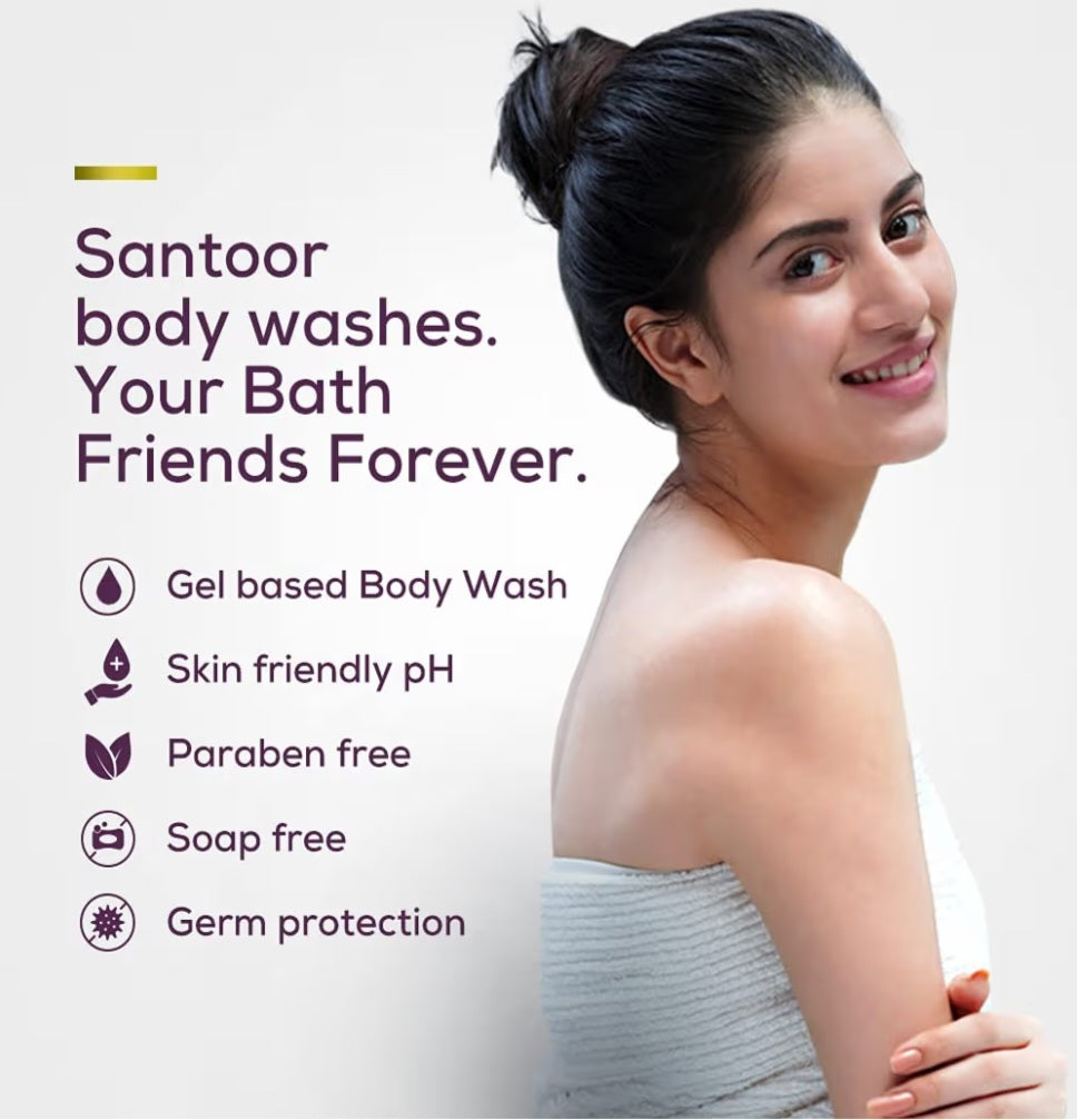 Body Wash & Shower Gel- Santoor Blushing Body Wash enriched with Indian Wild Rose & Himalayan Honey for Refreshed and Fragrant Skin which gives 99% Germ Protection - 230ml