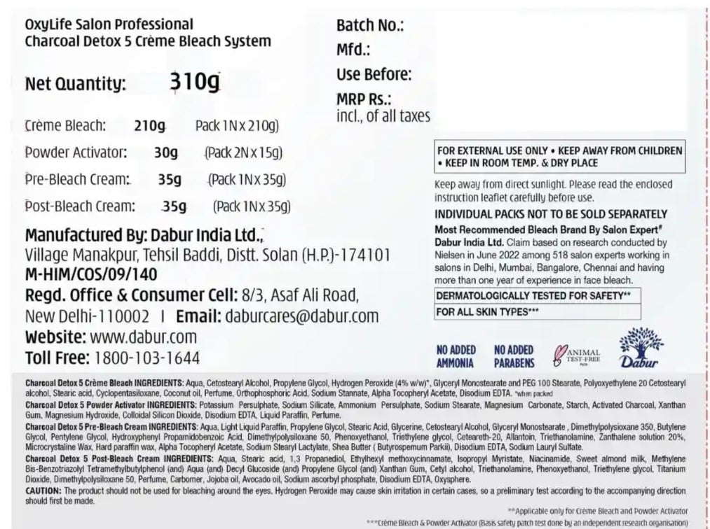 Bleach Cream- OXYLIFE Salon Professional's Activated Charcoal enriched CHARCOAL Detox-5 Bleach Cream with Active Oxygen for Dull & Tanned Skin 310gm (Bleach Cream 210gm, Powder Activator 30gm, Pre-Bleach Cream 35gm & Post-Bleach Cream 35gm)