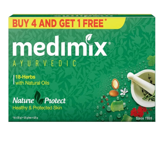 Bathing Soap- Medimix Ayurvedic Nature Protect Bathing Bar made with more than 18 herbs & natural oils for Healthy & Protected Skin - Pack of 5 (4+1 free) 150gm each