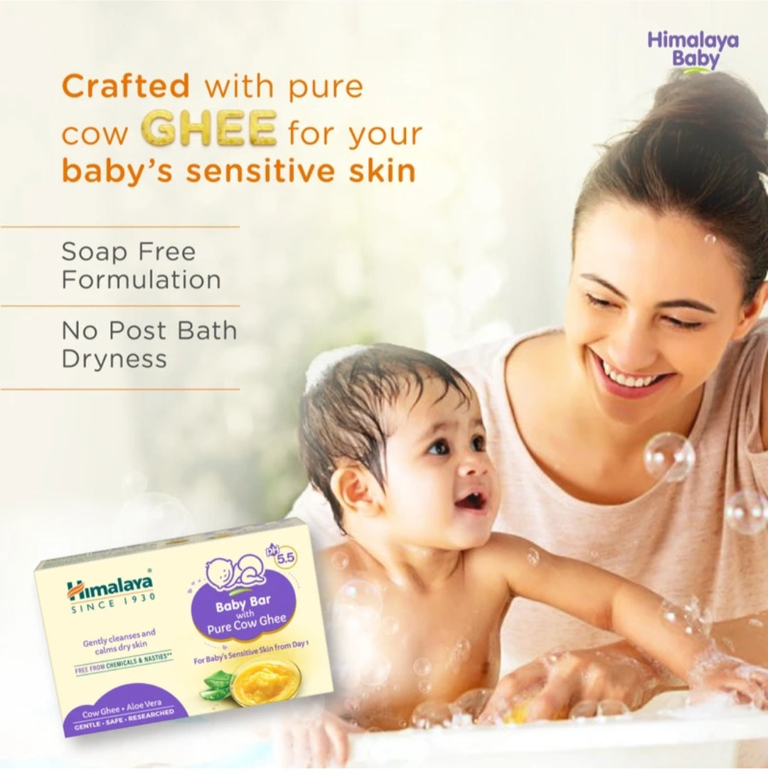 Bathing Soap- Himalaya's Chemical Free Baby Bar with Pure Cow Ghee & Aloevera for Baby's Sensitive Skin from Day 1 which Gently Cleanses, Moisturizes and Calms Dry Skin - 75gm