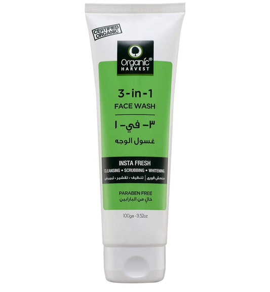 Face Wash- Organic Harvest 3-in-1 Insta Fresh Paraben Free Face Wash for Cleansing, Scrubbing and Whitening - 100ml
