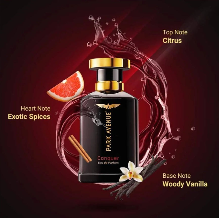 Perfumes & Deodorants- PARK AVENUE CONQUER Natural Perfume Spray with Aromatic Blend of Citrus, Exotic Spices & Woody Vanilla 50ml