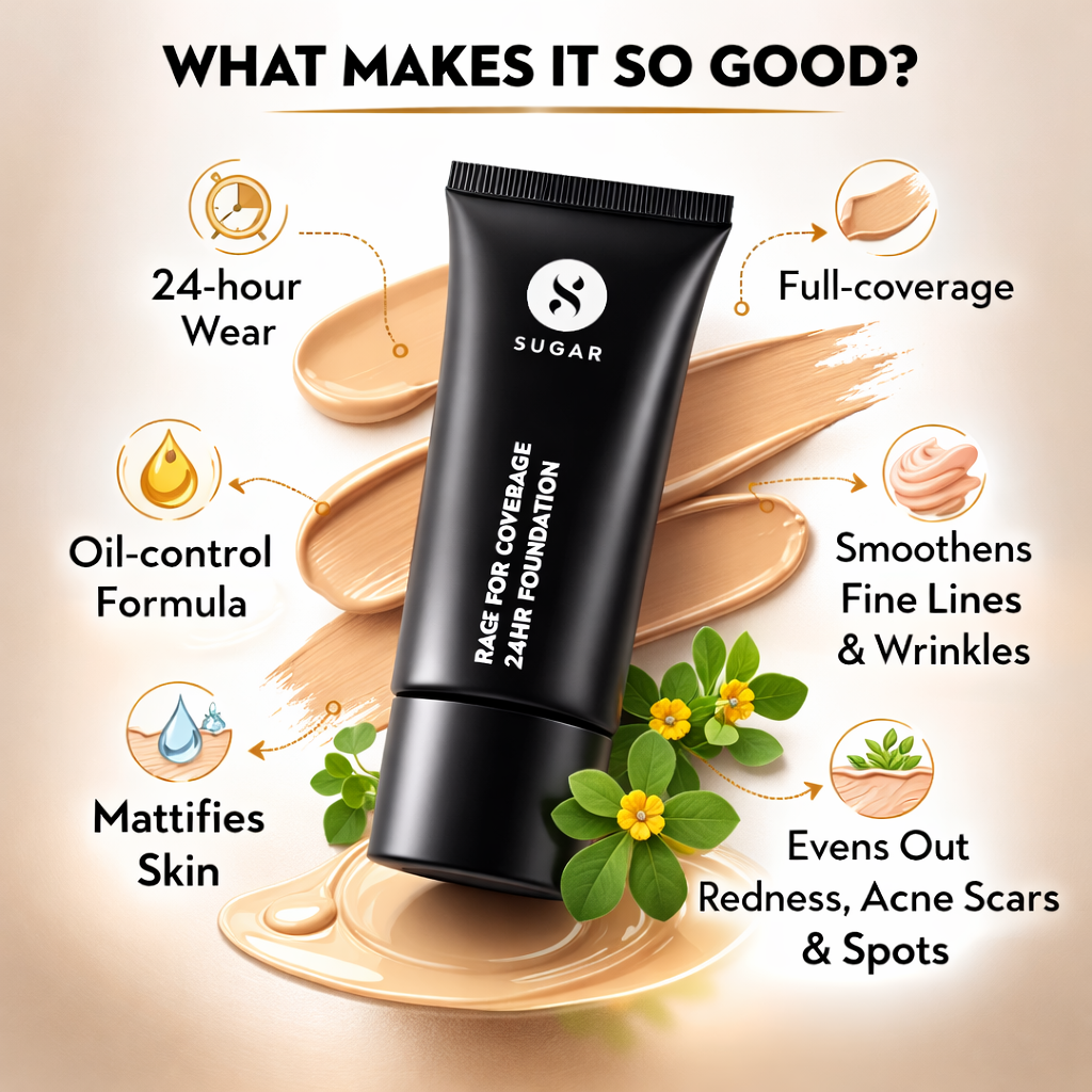 Makeup Foundation- SUGAR Rage For Coverage 24HR Full Coverage Matte Finish Foundation with Creamy Formula (07- Vanilla Latte) - 25ml