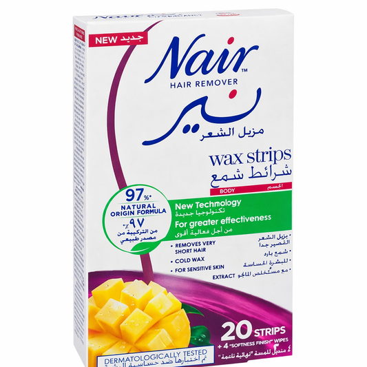 Wax Strips- Nair Ready to Use Hair Remover Wax Strips with Mango Extract (97% Natural Origin Formula) for Sensitive Skin Types - Pack of 20 Strips & 4 Softness Finish Wipes
