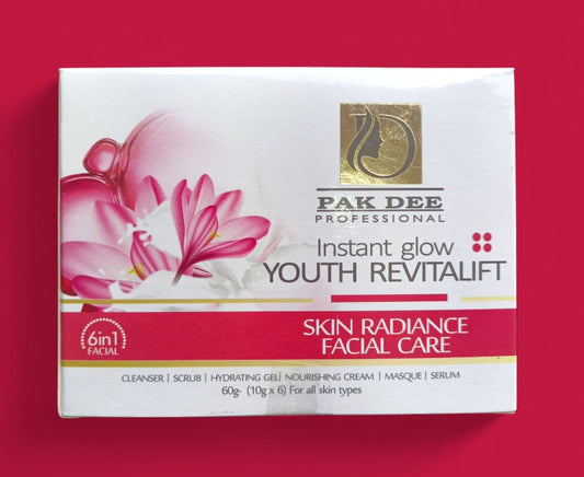Facial Kit- PAK DEE Professional's Insta Glow Youth Revitaleft 6in1 (Cleanser+Scrub+Hydrating Gel+Nourishing Cream+Masque+Serum) Skin Radiance Facial Kit 60gm (10gm*6)