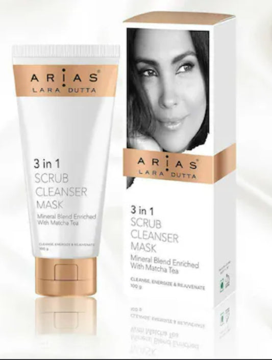 Face Scrub- Arias (by Lara Dutta) 3-in-1 Scrub, Cleanser & Mask Mineral Blend Enriched with Matcha Tea which Cleanse, Energize & Rejuvenate the Face 100gm