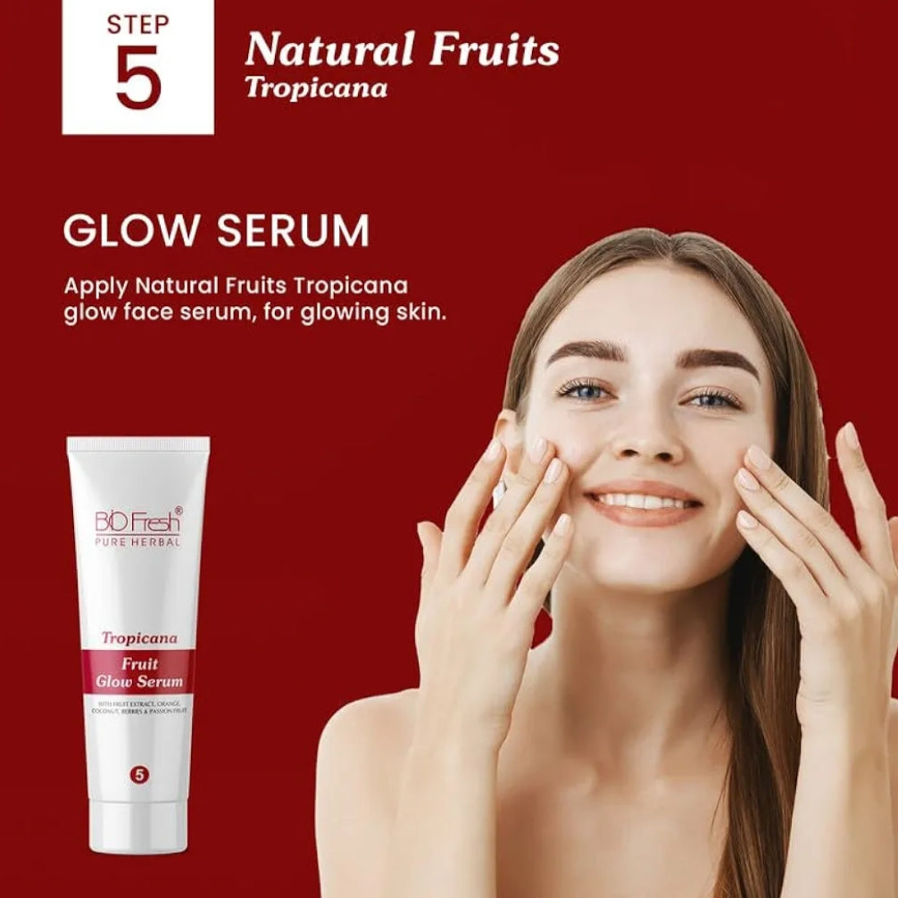 Facial Kit- BIO-FRESH Pure Herbal's 5-Steps (Scrub+Cream+Gel+Pack+Glow Serum) Natural Tropicana Fruits Facial Kit with Natural Fruits Glow Serum which is Excellent for Refreshed Youthful Look & Glow - 90ml
