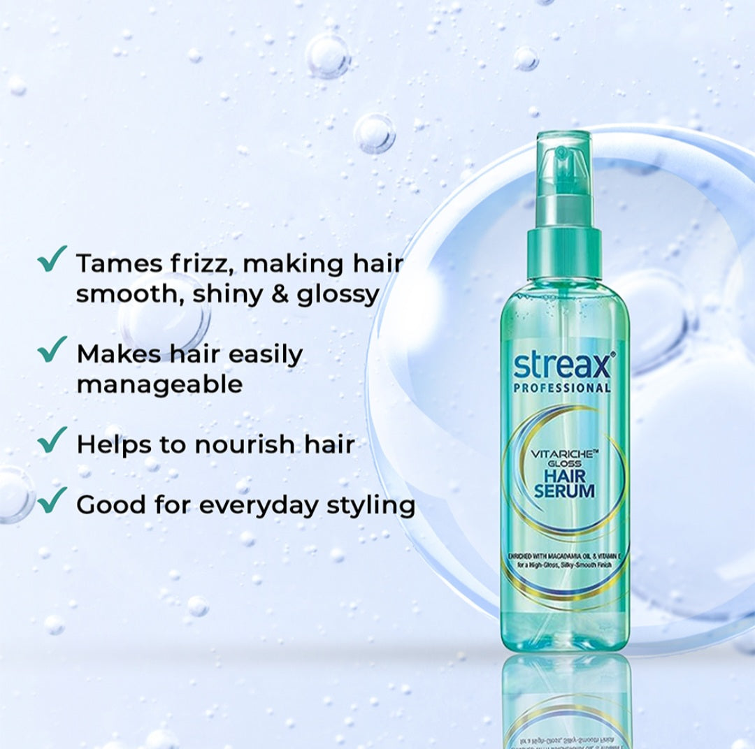 Hair Serum- Streax Professional's Vitariche Gloss Hair Serum enriched with Macadamia Oil & Vitamin-E for Glossy, Silki and Smooth Finish - 45ml